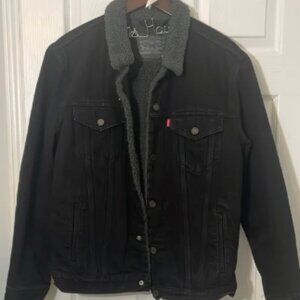 Levi’s Sherpa Trucker Black Denim Jean Jacket Vintage 90s Grey Fleece Large